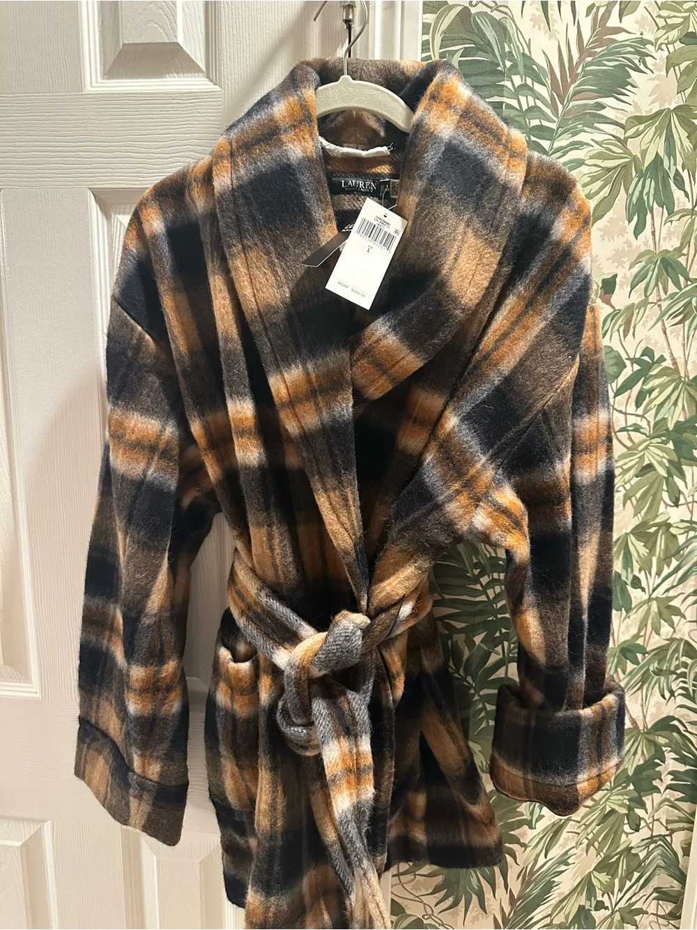 NWT Lauren Ralph Lauren Plaid Wool Blend Shawl Collar Wrap Coat Jacket L